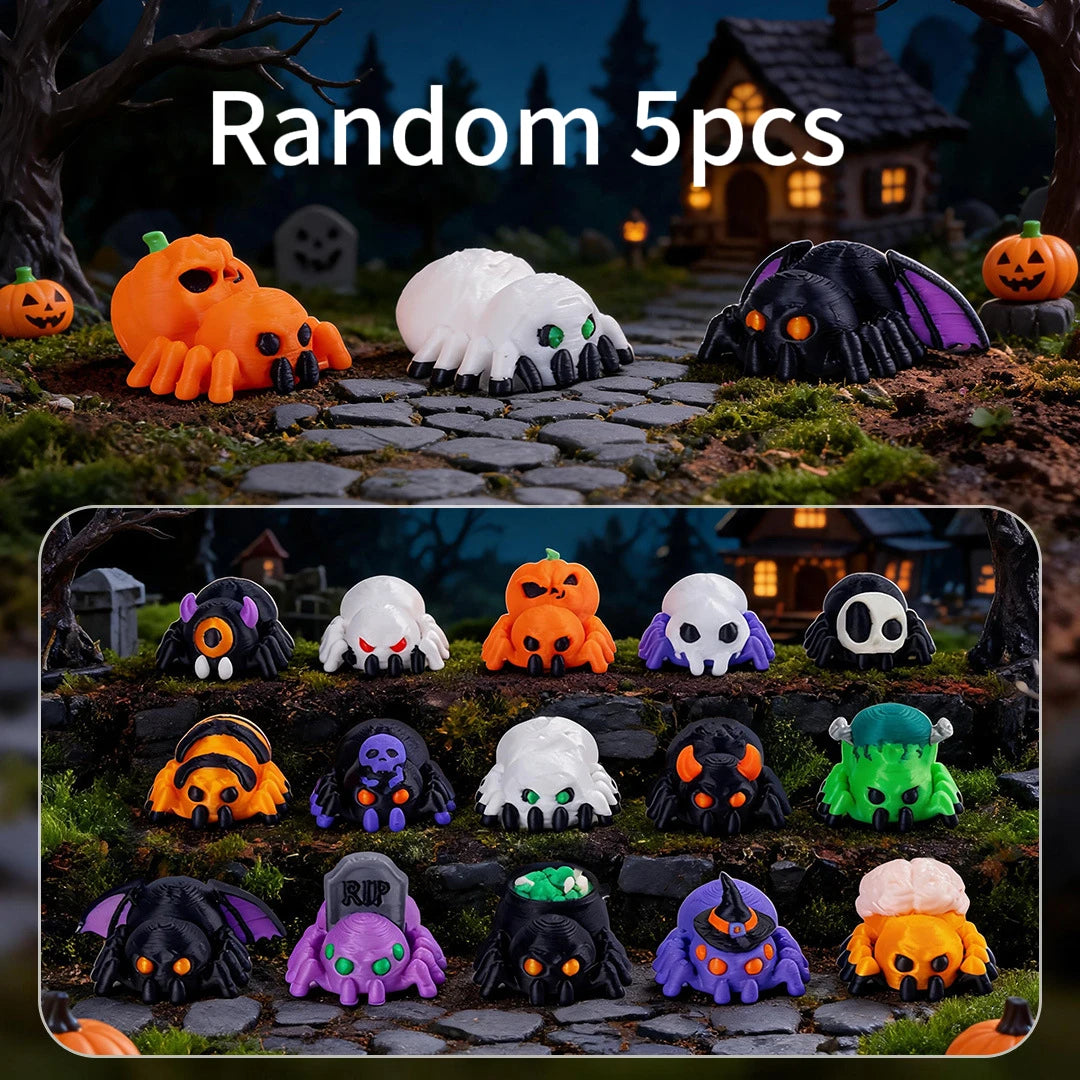A collection of five random mini creepy-cute monster spider and skeleton figurines in various colors like orange purple black