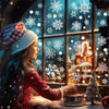 A young girl looking through a window decorated with snowflake clings and Christmas lights.