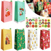 A set of 24 Christmas themed kraft paper gift bags with seal stickers in various colors and designs.