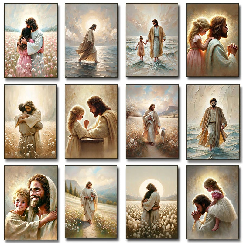 A collection of paintings depicting scenes from the Bible featuring Jesus and women, suitable for a Christian diamond paintin