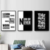 Three black and white inspirational quote posters featuring text about learning and working
