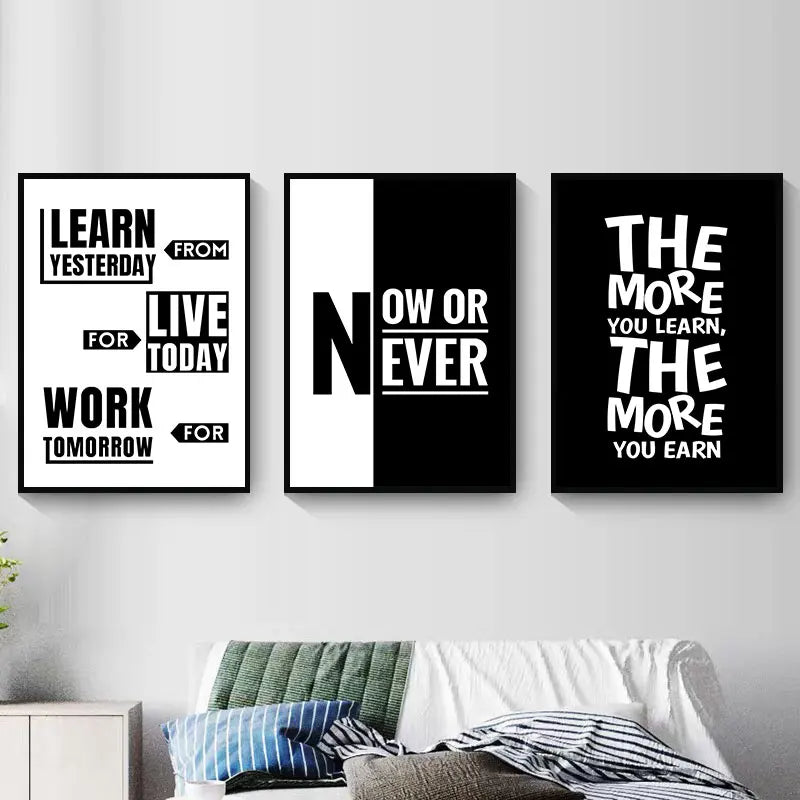 Three black and white inspirational quote posters featuring text about learning and working