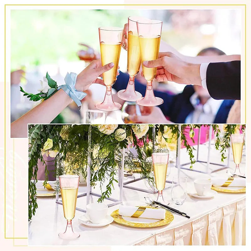 Hands are raising elegant disposable champagne glasses filled with golden liquid at an event.