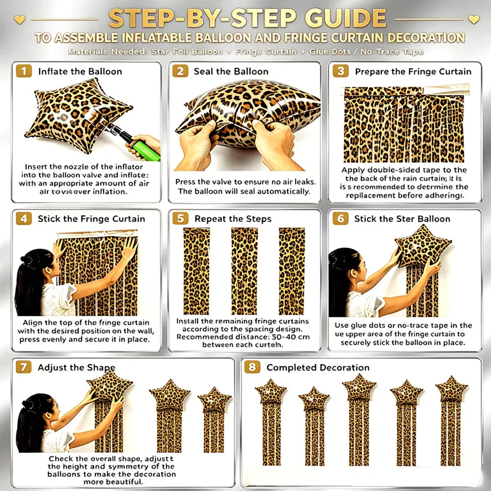 Step-by-step guide for assembling leopard star balloons and fringe curtain decoration.