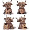 A set of rustic wooden highland cow figures shaped like the letters H, M, and E.