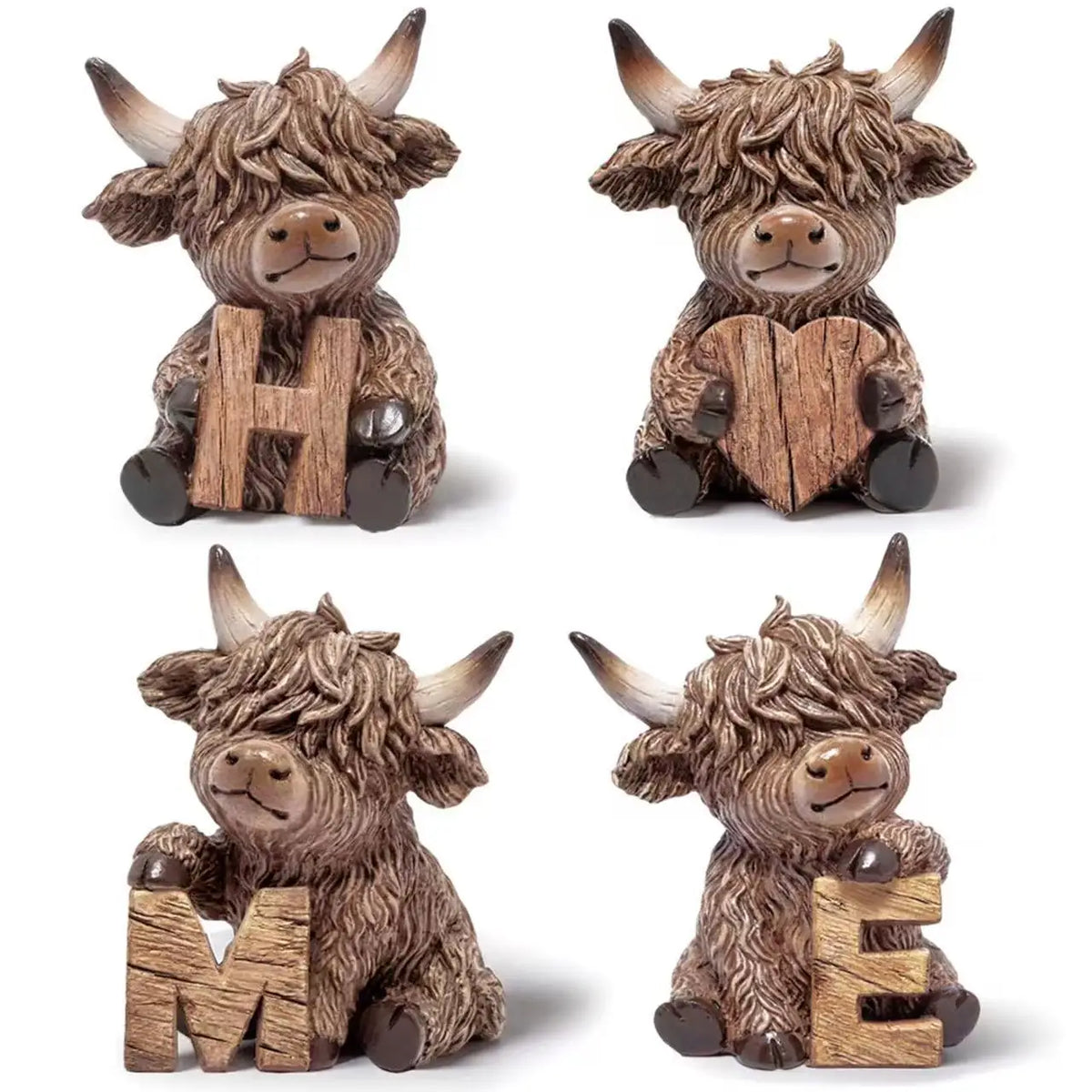 A set of rustic wooden highland cow figures shaped like the letters H, M, and E.