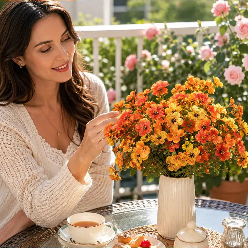 A woman is gently touching a bouquet of vibrant artificial pansy flowers in an outdoor setting.