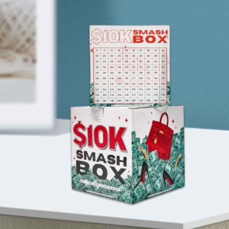 A box of $10k smash box with a grid of dollar amounts and green foliage.
