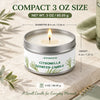 A small silver tin candle with a lit wick and green lemongrass leaves on a light surface.