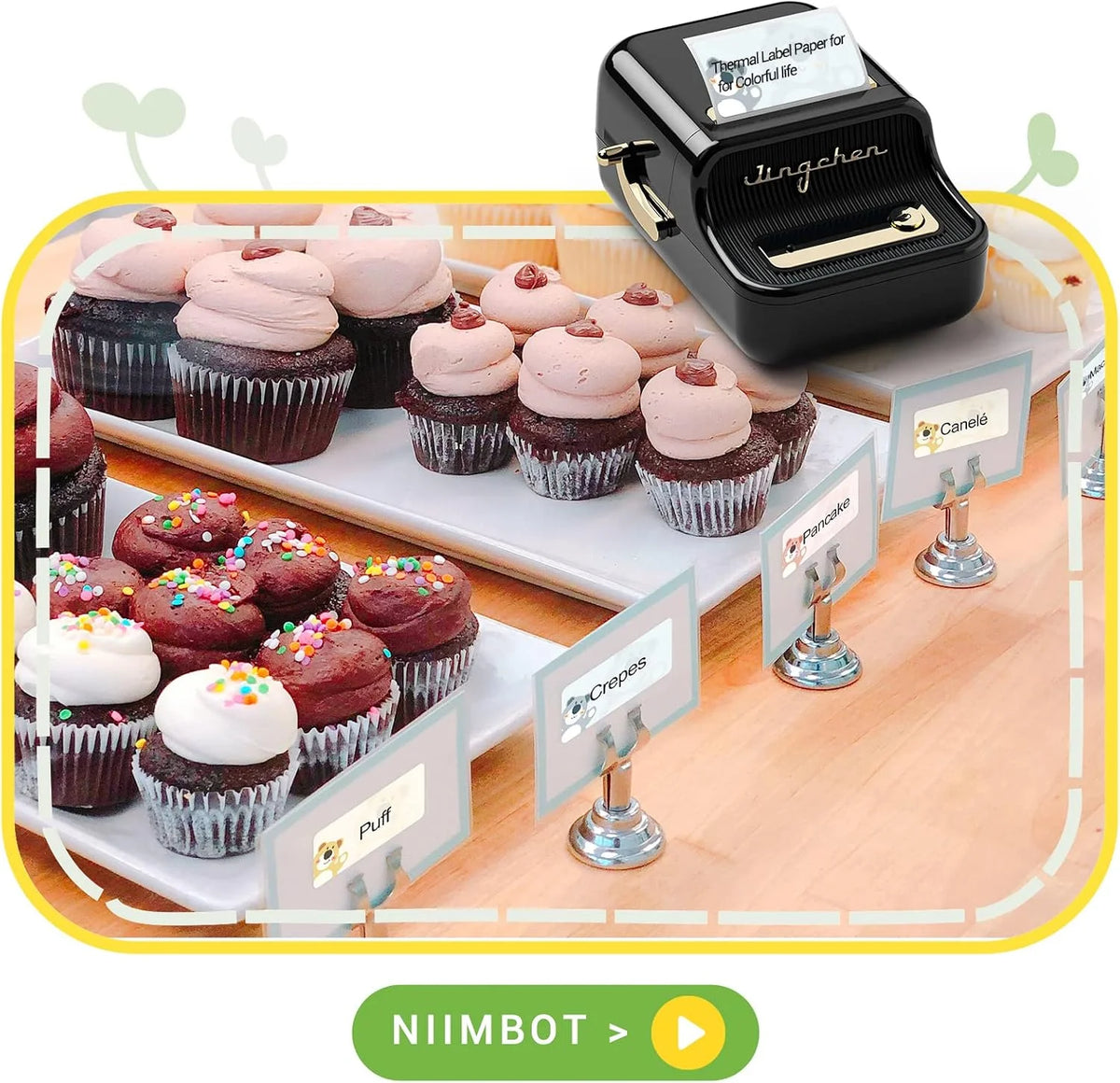 A black mini label printer is shown next to various baked goods like cupcakes and crepes.