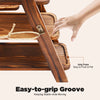 Close-up of a wooden dessert display stand showing an easy-to-grip groove for stable movement.