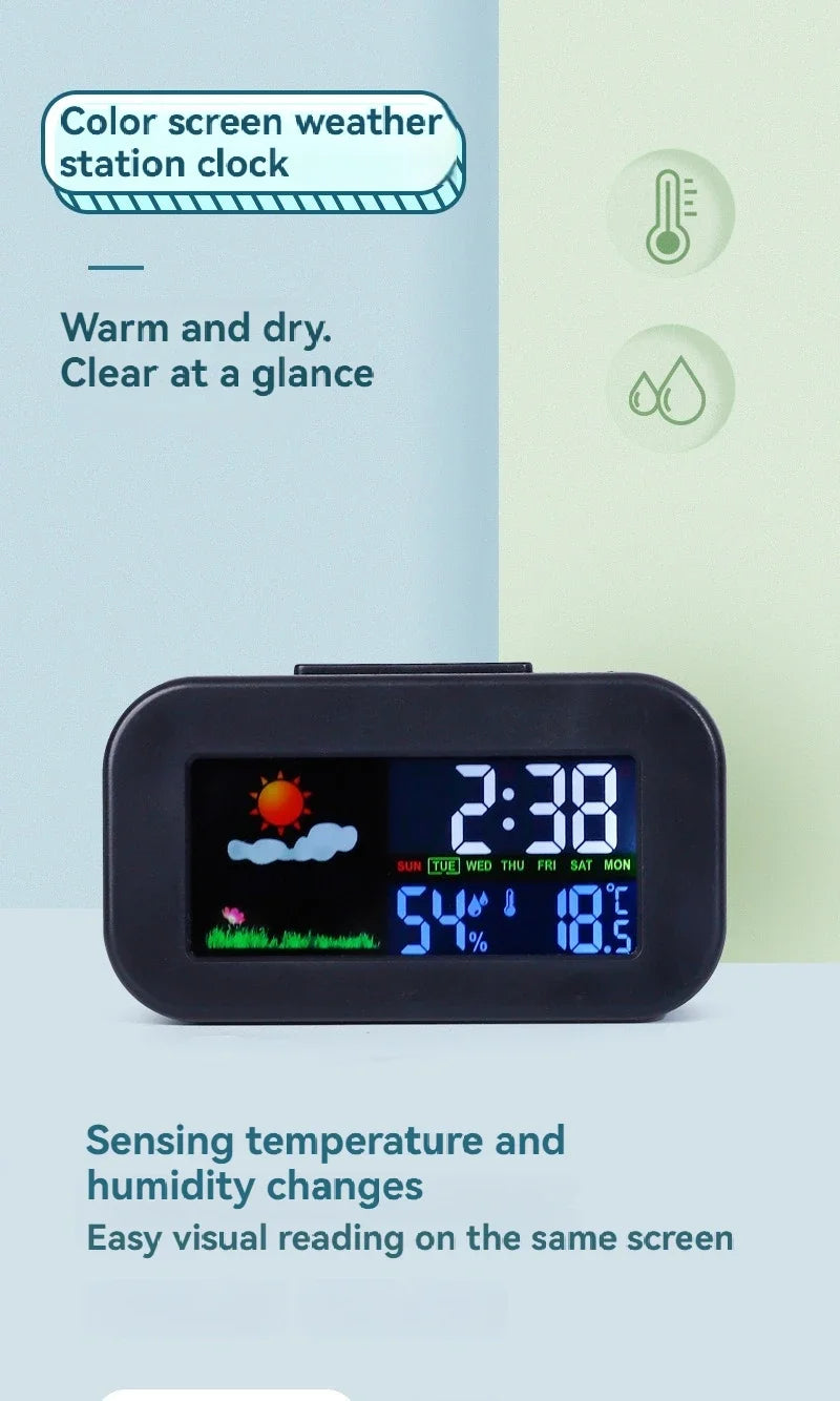 Compact Weather Station Clock with Color Display and Temperature & Humidity Monitor