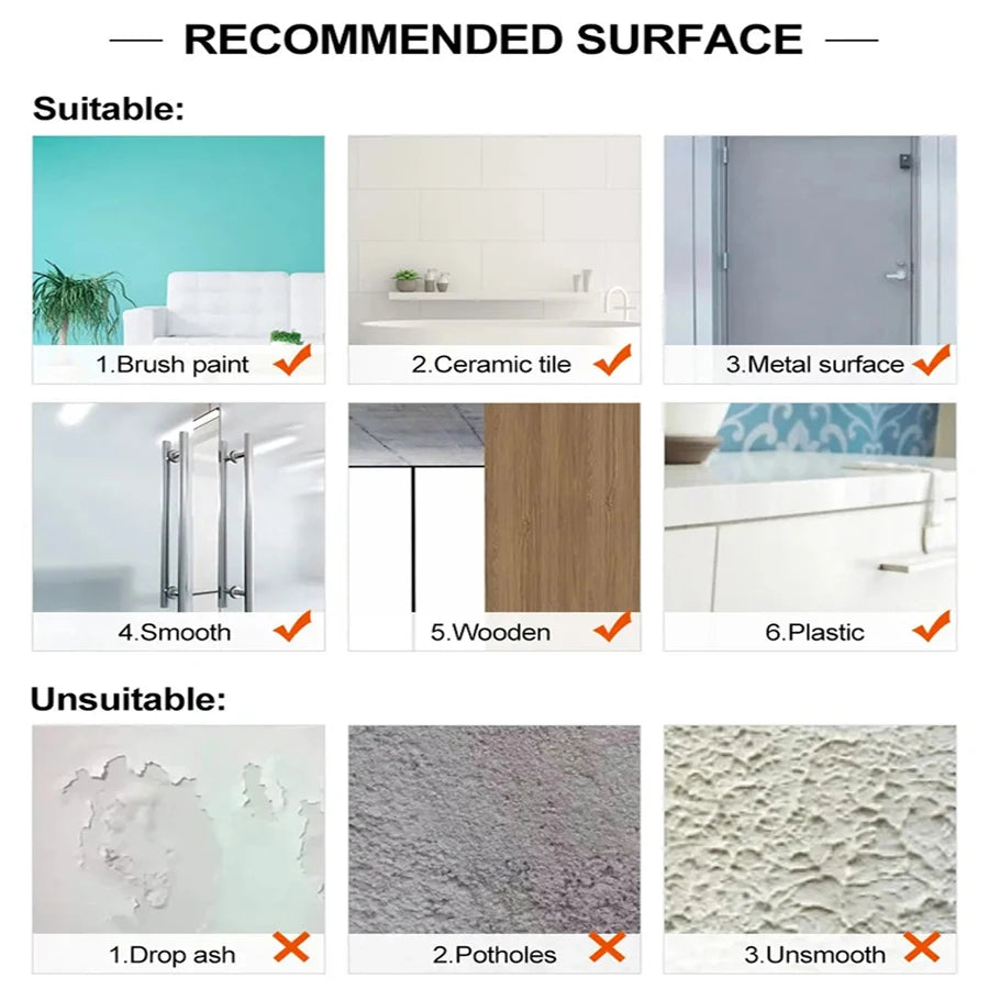 Guía que muestra superficies adecuadas e inadecuadas para pegatinas de espejo acrílico decorativas.
