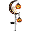 A black solar Halloween moon lantern featuring a carved pumpkin and a ghost figure.