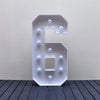 A white light-up marquee number sign shaped like the number 6 mounted on a wall.