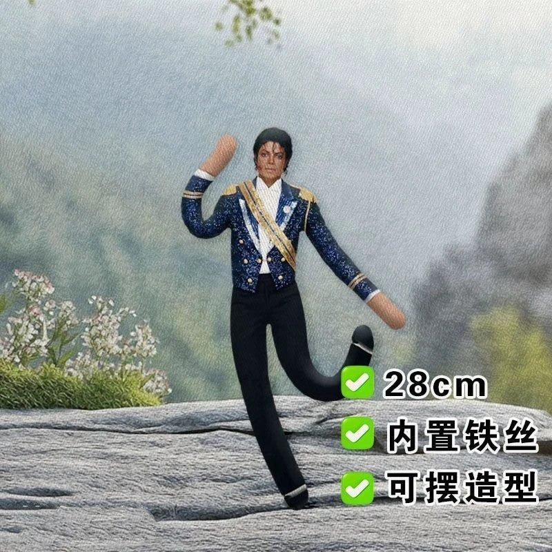 Michael Jackson collectible action figure in a blue and gold outfit with a poseable wire skeleton.