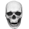 A realistic full-head skull mask with a movable jaw, shown in black and white.