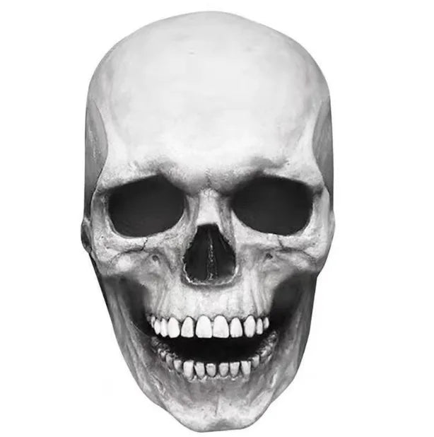 A realistic full-head skull mask with a movable jaw, shown in black and white.