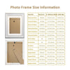 Table showing various sizes and dimensions of photo frames with mats, including A and B options.
