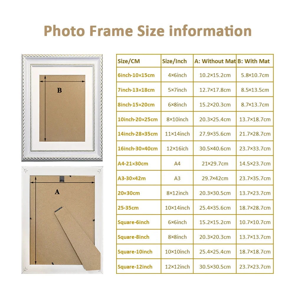 Table showing various sizes and dimensions of photo frames with mats, including A and B options.