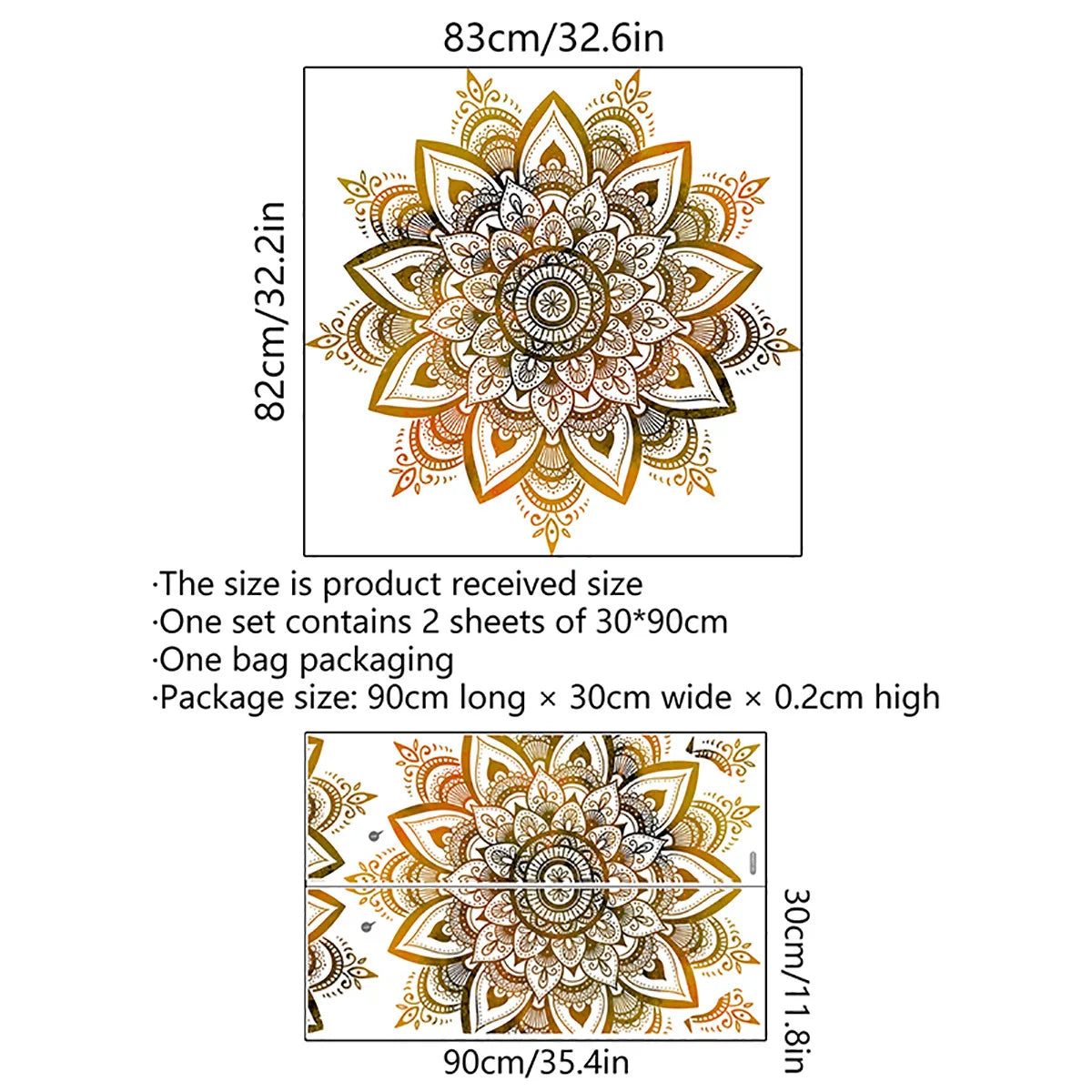 Design de décalcomanie murale lotus mandala avec ses spécifications de taille et dimensions de l'emballage.