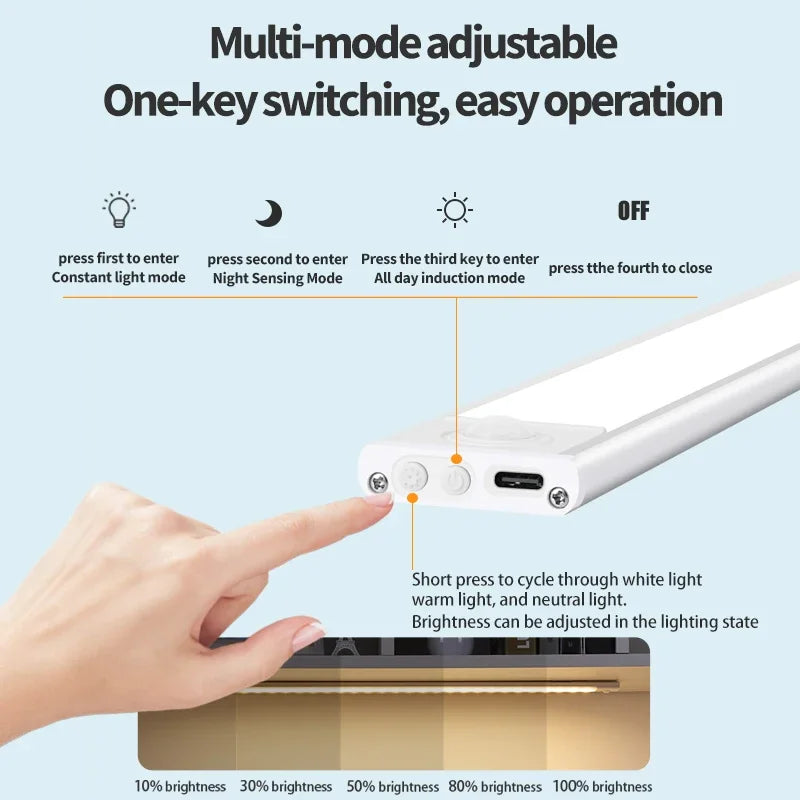 A hand presses a switch on a white light fixture, demonstrating multi-mode adjustable one-key switching for lighting.