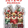 Three reindeer acrylic charms with antlers and festive expressions on a clear glitter background