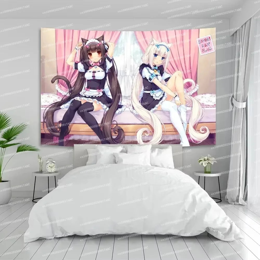 Anime Nekopara wall tapestry featuring two cat-girl characters in a pastel dorm room setting