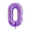 A purple foil balloon shaped like the number zero