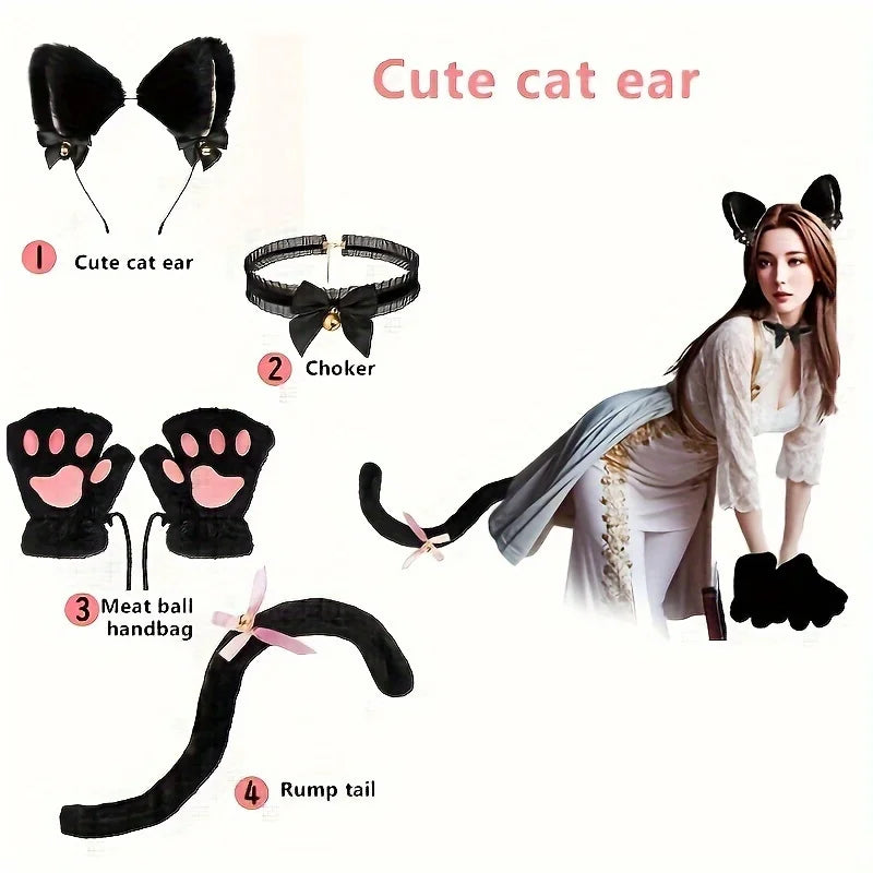 A set of cute cat ear accessories including a cute cat ear, choker, meat ball handbag, and rump tail.