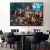 A painting depicting a historical battle scene with soldiers and conflict in a dense forest setting.