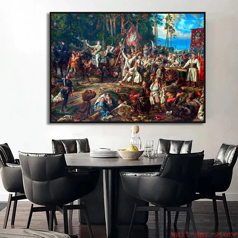 A painting depicting a historical battle scene with soldiers and conflict in a dense forest setting.