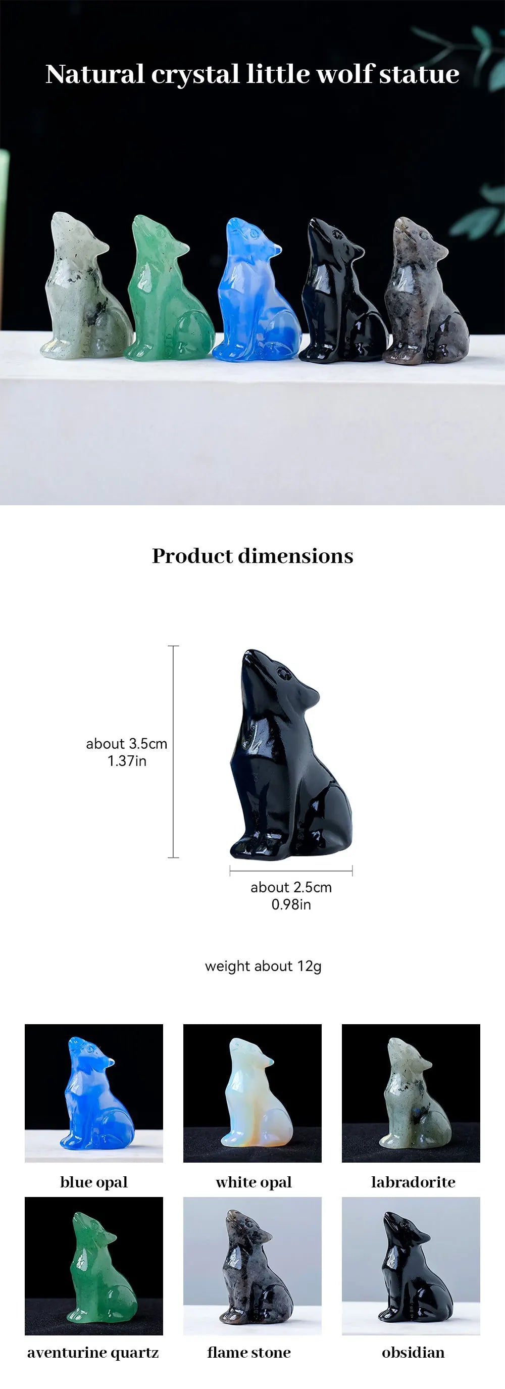 Sammlung von natürlichen Kristall-Wolfstatuen in verschiedenen Farben, darunter blaues Opal, weißes Opal, Labradorit und Aven