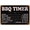 A vintage metal sign with BBQ timer rules listing various meat cuts and corresponding beer quantities.