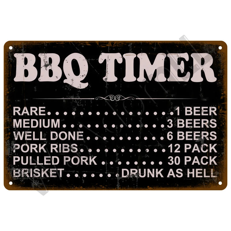 A vintage metal sign with BBQ timer rules listing various meat cuts and corresponding beer quantities.