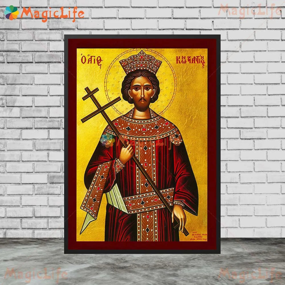 A vibrant oil painting depicting Jesus Christ in regal attire and a crown against a golden background.