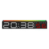 A digital alarm clock display showing the time 20:38:56 with a light bar featuring colored indicators for the days of the wee