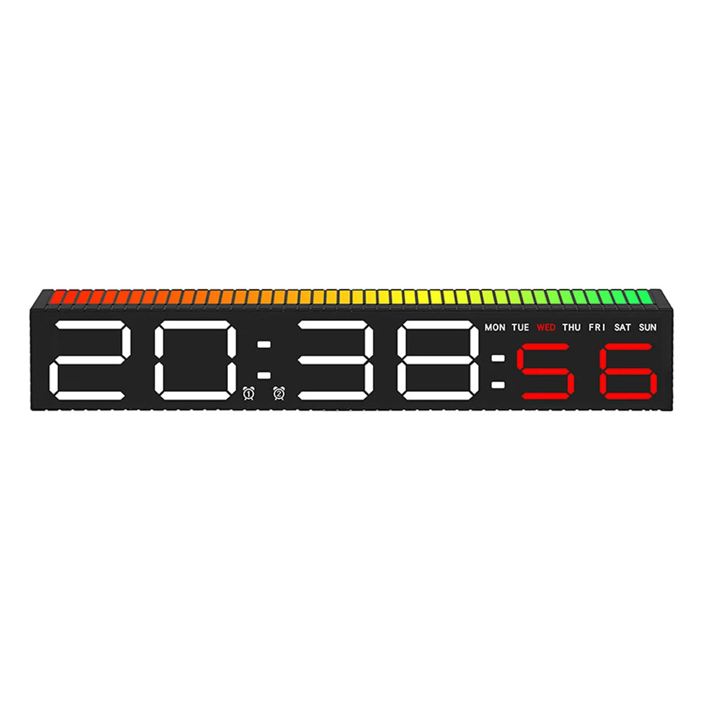 A digital alarm clock display showing the time 20:38:56 with a light bar featuring colored indicators for the days of the wee