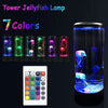 A tower jellyfish lamp with seven colors is shown next to a remote control panel.