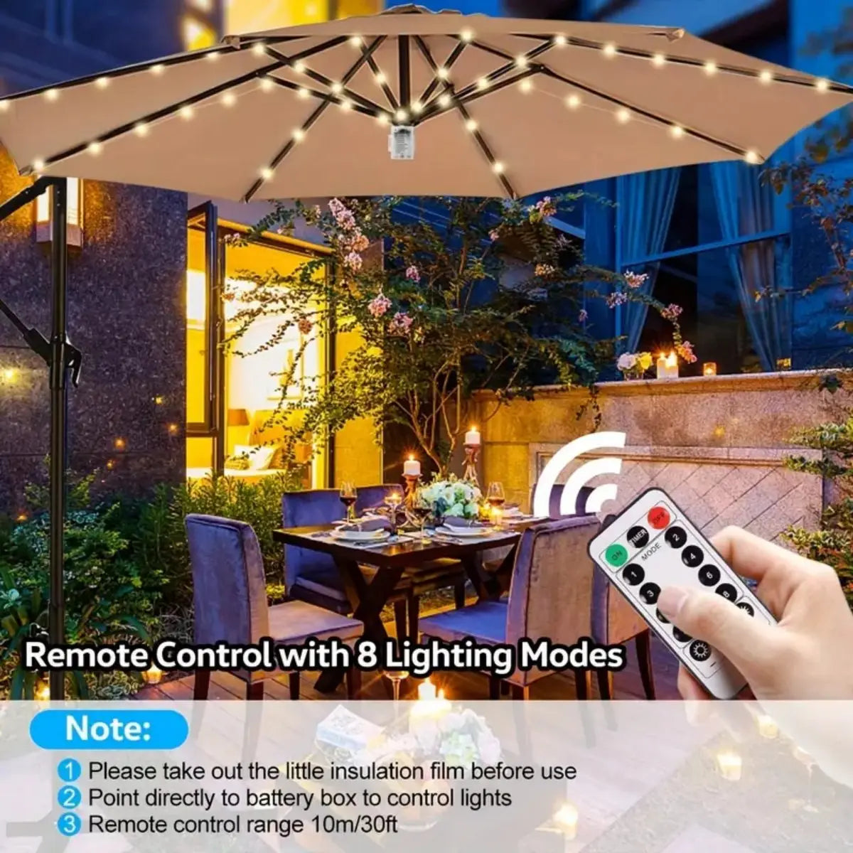A patio umbrella light with a remote control is shown illuminating an outdoor dining area at night.