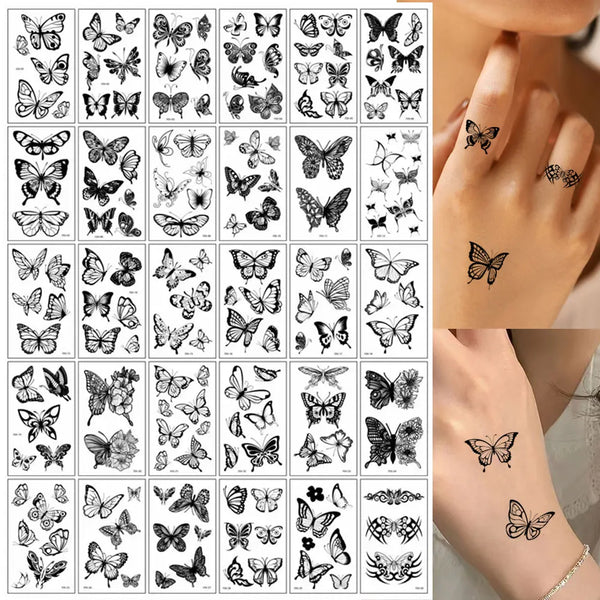 A collection of realistic black butterfly temporary tattoos displayed on skin.