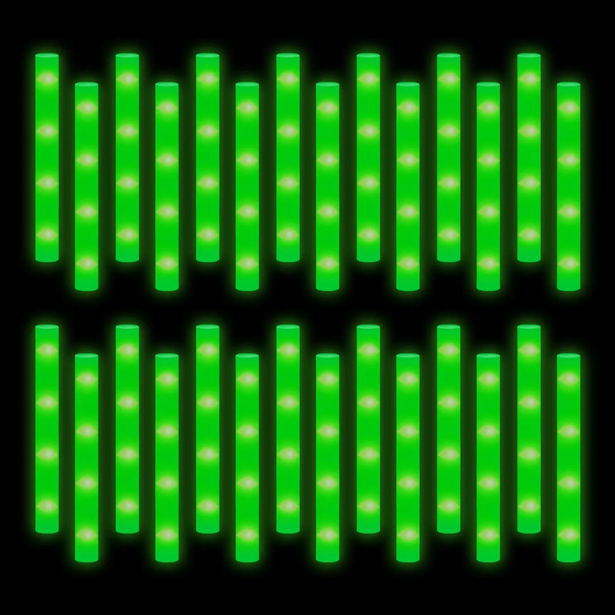A row of bright green LED foam glow sticks, illuminated in a vertical array.