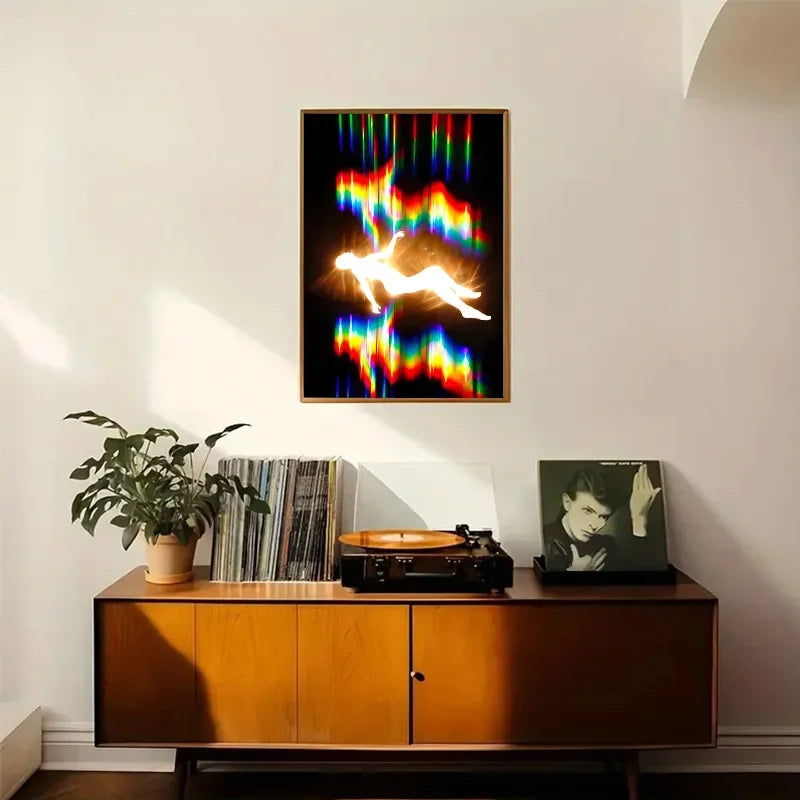 Abstract soul canvas wall art featuring a silhouette of a figure against a vibrant rainbow light display.