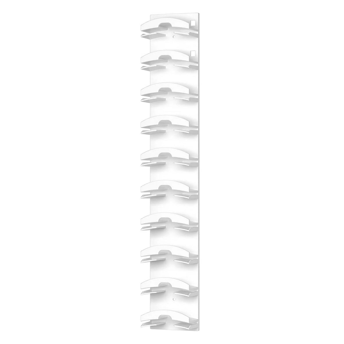 A vertical rack of wall mounted hat organisers, showing multiple curved slots for hats.