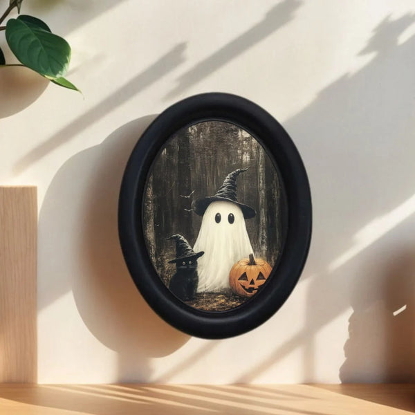Vintage Halloween ghost and black cat oval wooden wall art framed in black