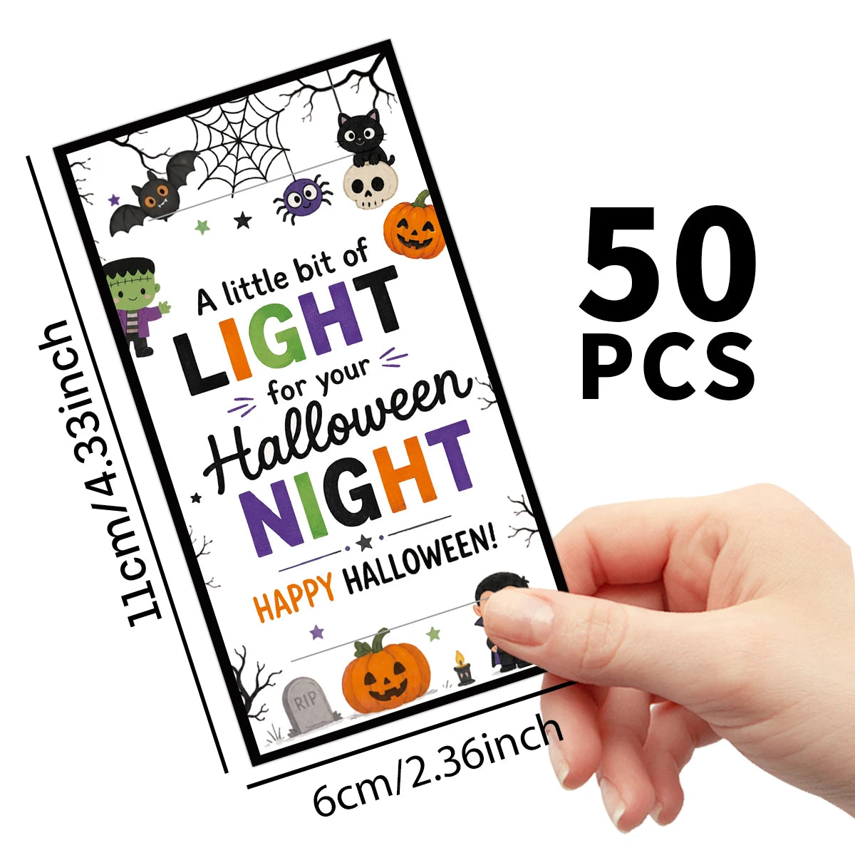 A pack of 50 Halloween glow stick holder cards featuring spooky designs and a light theme.