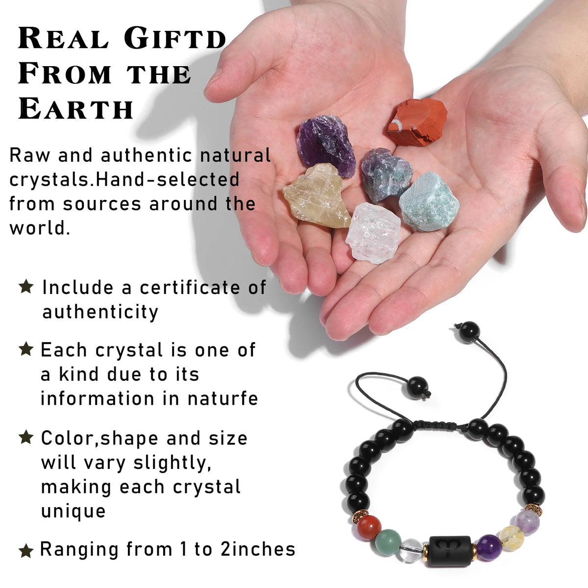A hand holds several raw natural crystals and a black beaded bracelet with various colored stones.
