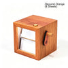 A wooden hand-crank flip photo frame with an LED light, made of orange wood.