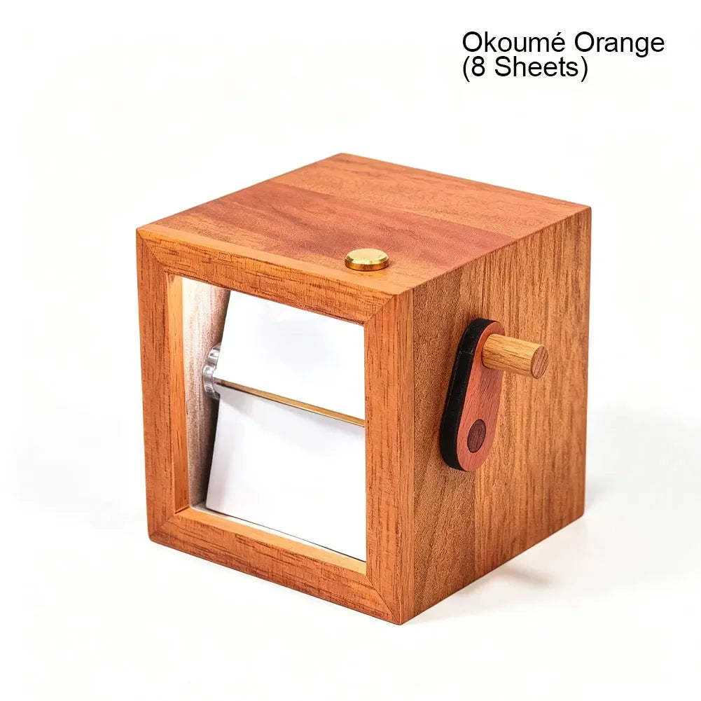 A wooden hand-crank flip photo frame with an LED light, made of orange wood.