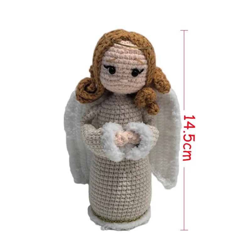 Handcrafted Virgin Mary crochet doll with brown hair and white wings